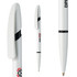 A white plastic pen with a black clip and a branding logo. The pen features a sleek design and gold trim at the tip.