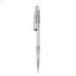 A transparent plastic pen with a gold ink tip and a clip. It features a simple design and has a branding logo.