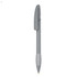 A grey plastic pen with a sleek design featuring a clip and a rounded tip. It has a simple branding logo.