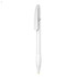 A white plastic pen with a clip and a gold tip, featuring a simple design and a branding logo.