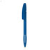 A blue plastic pen with a smooth grip and a capped top, featuring a branding logo.