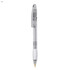 A plastic pen with a transparent barrel and white grip, featuring a clip and a branding logo.