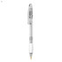 A plastic pen with a transparent barrel and a white grip, featuring a silver-coloured nib. It has a logo on the barrel.