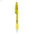 A yellow plastic pen featuring a click mechanism and a removable cap, with a branding logo on the barrel.
