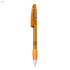 A plastic pen in a vibrant orange colour with a click mechanism and silver tip. It features a branding logo.