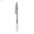 A transparent plastic pen with a white grip and a black clip, featuring a branding logo.