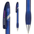 A blue plastic pen with a smooth finish and a clip, featuring a branded logo.