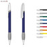 A plastic pen in navy blue with a silver clip and grip, alongside pens in various colours, all with branding.