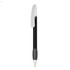 A plastic pen with a sleek black body, silver clip, and grey grip. It features a branding logo.