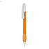An orange plastic pen with a silver clip and a rounded tip, featuring a logo.