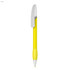 A yellow plastic pen with a silver clip and a rounded design, featuring a branding logo.