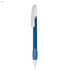 A blue plastic pen with a silver clip and a rounded tip. It has a simple design and features a logo.