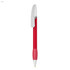 A red plastic pen with a silver clip, featuring a smooth grip section. The pen has a logo on it.
