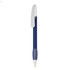 A plastic pen in navy blue with a silver clip and a white grip section. It features a logo on the barrel.