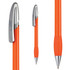 An orange plastic pen with a silver clip and a smooth design, featuring a branding logo.