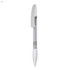A clear plastic pen with a white grip and a silver clip. It features a simple design and has a branding logo.