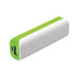 A power bank in white and green, featuring two ports on one end and a smooth, curved design.