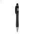 A plastic pen in black with silver accents, featuring a clip and a smooth barrel design.