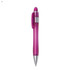 A plastic pen in vibrant purple with a silver grip and a clip, featuring a round top.