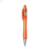 An orange plastic pen with a transparent body, silver accents, and a clip. It features a branding logo.