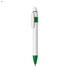A plastic pen featuring a white body with green accents and a clip. It has a rounded top and a pointed tip.