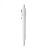 A white plastic pen with a rounded top and a clip, featuring a logo.