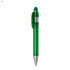 A green plastic pen with a transparent body and silver accents, featuring a clip for attachment.