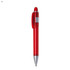 A red plastic pen with a silver clip and tip, featuring a transparent barrel and a round top.