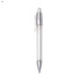 A transparent plastic pen with silver accents and a clear cap. It features a sleek design with a logo.