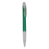 A green plastic pen with a transparent barrel and white grip, featuring a clip at the top.