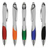 A set of five plastic pens featuring white barrels with coloured grips in red, orange, green, blue, and black. Each pen has a logo.