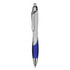 A plastic pen in white and blue, featuring a silver clip and tip, with a logo on the barrel.