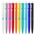 A collection of plastic pens in white, silver, pink, orange, yellow, green, blue, and navy, featuring branding on some.