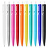 A selection of plastic pens in white, silver, pink, orange, yellow, green, blue, and black, featuring a logo.