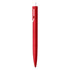 A red plastic pen featuring a sleek design and a white clip, with a logo on its body.