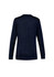 A navy women's button front knit cardigan with long sleeves and a ribbed hem. Features a logo on the back.