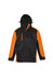A black and orange unisex jacket featuring a hood and zippered pockets, with a logo present.