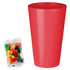 A red party cup next to a packet of colourful jelly beans featuring various shades and patterns.