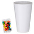 A white party cup next to a clear bag of colourful jelly beans in various shades. The bag is sealed and features a logo.