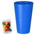A bright blue party cup alongside a pack of colourful jelly beans in various shades.
