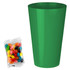 A bright green party cup next to a bag of colourful jelly beans in various shades. The bag is transparent.