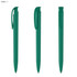 A green plastic pen with a sleek design, featuring a clip and smooth lines, shown from different angles.