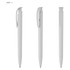 A white plastic pen with a sleek design and a clip, displayed from multiple angles.