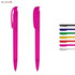 Two pink plastic pens with matching caps, accompanied by a selection of pens in various colours. The image features a logo.