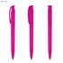 A set of three bright pink plastic pens featuring smooth lines and a clip on the cap.