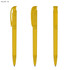 A set of three yellow plastic pens with a clip and smooth barrel design. Each pen has a logo.