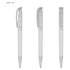 A set of white plastic pens with clear bodies and retractable clips, featuring a modern design.