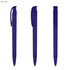 A set of blue plastic pens displayed from three angles, featuring a clip and a sleek design.