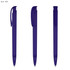 A transparent purple plastic pen featuring a clip and retractable tip, displayed from multiple angles.