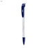A blue and white plastic pen with a clip and branding on the barrel.